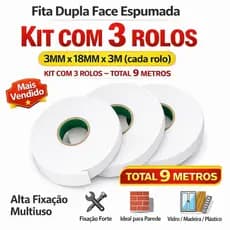 Kit 3 Fitas Dupla Face Espumada - 18mm x 3 metros cada Rolo - Alta Fixação Multiuso