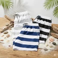 kit até 3 Bermuda masculina tactel listrada curta com bolsos laterais e ajuste em cordão
