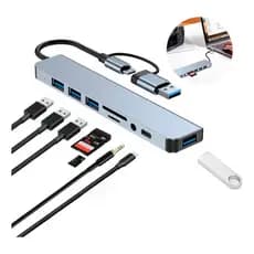 Hub 8 em 1 Tipo C Extensor Adaptador USB 3.0 Leitor de Cartão SD/TF Estação de Áudio P2