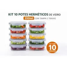 kit 10 Potes Herméticos de Vidro 350ml com Tampa e Travas Marmita Fitness BPA Free Micro-ondas Freezer