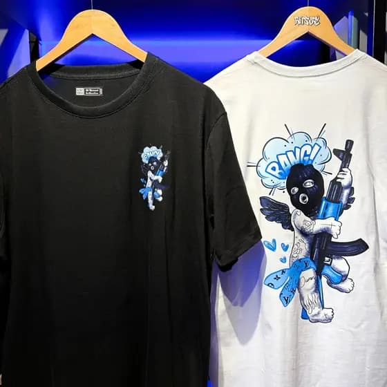 Camisa Streetwear Angel Ak-47 Thug Life 100% Algodão Frente e Costas Azul