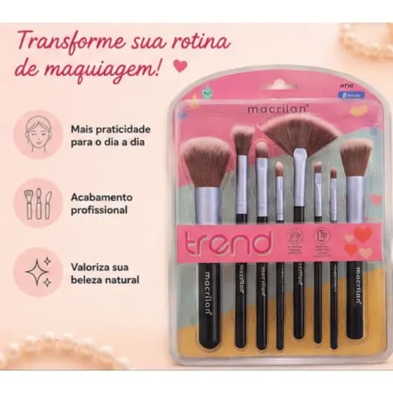 Kit de Pincéis para Maquiagem Macrilan Trend MT10 com 8 Pincéis Profissionais