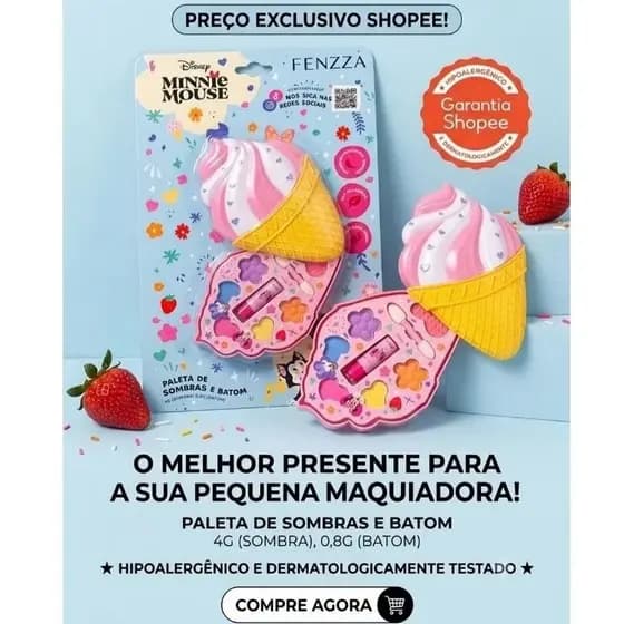 🌸 Kit Infantil Mini Mouse Little Girl – Paleta de Sombras e Batom FENZZA 🌸