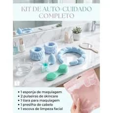 Kit Skincare e Maquiagem Completo - Tiara, Pulseiras, Esponja, Presilha e Escova Facial (Azul Celeste)🩵