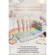 Kit 4 Pincéis de Maquiagem Profissional Miravia Cosmetics - 2 Pincéis de Pó + 2 Pincéis de Contorno Angular Holográfico