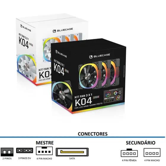 Kit 3 Ventoinhas Gamer Bluecase K04ARGB 120mm conector ARGB 5v3Pin/Sata/reset