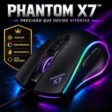 Mouse Gamer Alto Desempenho PHANTOM X7 RGB 7200 DPI Ergonômico USB PC Gamer Conforto Precisão Extrema