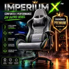 Cadeira Gamer Giratória Imperium X™ Cinza Ergonômica Premium Apoio Lombar, Apoio Cervical Giro 360°