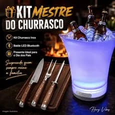 Kit Churrasco 3 Peças Inox + Balde LED Bluetooth 6,5L Dia dos Pais Presente Completo Premium