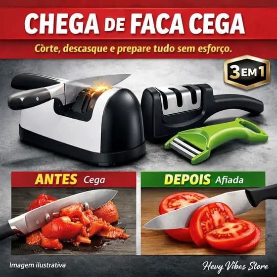 Kit Fim da Faca Cega – Amolador Elétrico Bivolt + Afiador 3 Estágios Emborrachado + Descascador 2 em 1