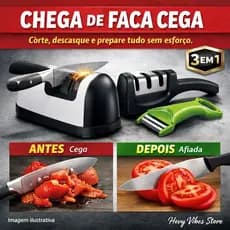 Kit Fim da Faca Cega – Amolador Elétrico Bivolt + Afiador 3 Estágios Emborrachado + Descascador 2 em 1