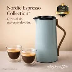 Kit Garrafa Térmica Jarro 1L + 2 Copos Vidro Dupla Camada 90ml Espresso Café Elegante Prem