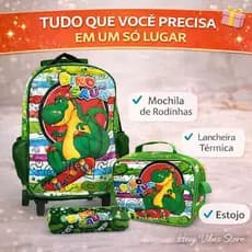 Kit Mochila Escolar Infantil Dinossauro Verde 3 Pecas Resistente Impermeavel Confortavel