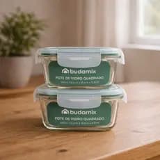 2 Potes Vidro 320ml Quadrado Hermético Marmita Fitness 4 Travas Vedação