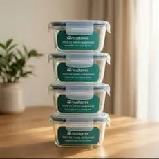4 Potes de Vidro 320ml Quadrados Herméticos Marmita 4 Travas BPA Free