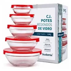 Kit 5 Potes de Vidro Redondos Translúcidos – Armazenamento Essencial para Mantimentos e Marmitas