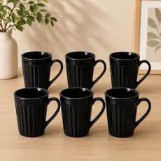 Kit 6 Canecas Caneladas de Porcelana 250ml Preta para Café Chá Conjunto Cozinha Mesa Casa