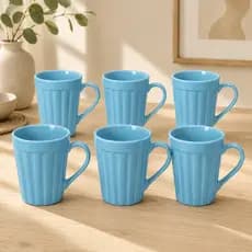 Kit 6 Canecas Caneladas de Porcelana 250ml Azul para Café Chá Conjunto Cozinha Mesa Casa