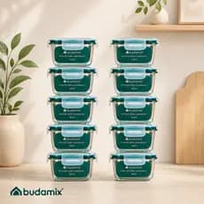 Potes Herméticos de Vidro Quadrado 320ml Budamix Kit 2 4 6 10 Unidades Tampa 4 Travas