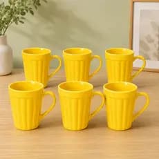 Kit 6 Canecas Caneladas de Porcelana 250ml Amarela para Café Chá Conjunto Cozinha Mesa Casa