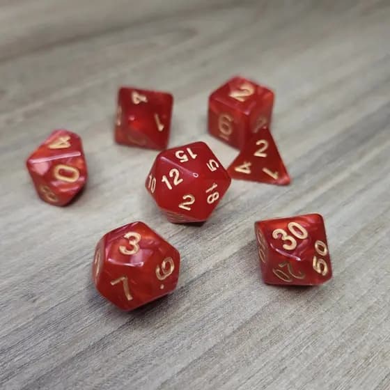 KIT 7 DADOS RPG DE MESA PAPEL VERMELHA D4 D6 D8 D10 D12 D20 D100 D% COMPATIVEL D&D TORMENTA