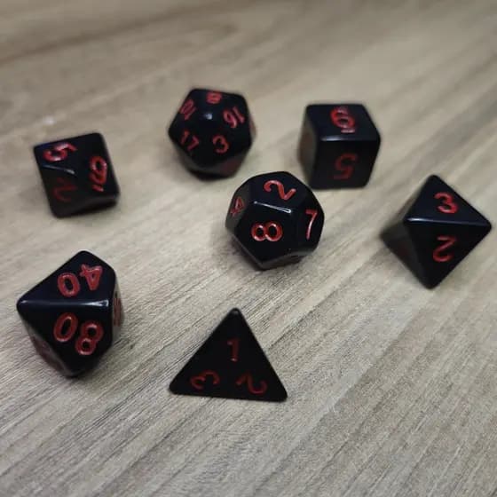 KIT 7 DADOS RPG DE MESA PAPEL PRETO D4 D6 D8 D10 D12 D20 D100 D% COMPATIVEL D&D TORMENTA