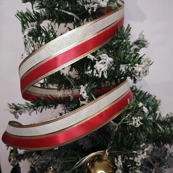 FITA  FRISADA ARAMADA VERMELHO DOURADO ROSÉ ARAMADO 2 METROS 36MM NATAL DECORAÇÃO PRESENTE ÁRVORE HALLEY 5071-1058