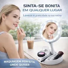 Espelho de Maquiagem com LED Dobrável 10x Portátil com Organizador Luz Profissional USB Branco
