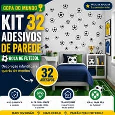 Kit 32 Adesivos de Parede Futebol Copa do Mundo Decoração Quarto Infantil Menino