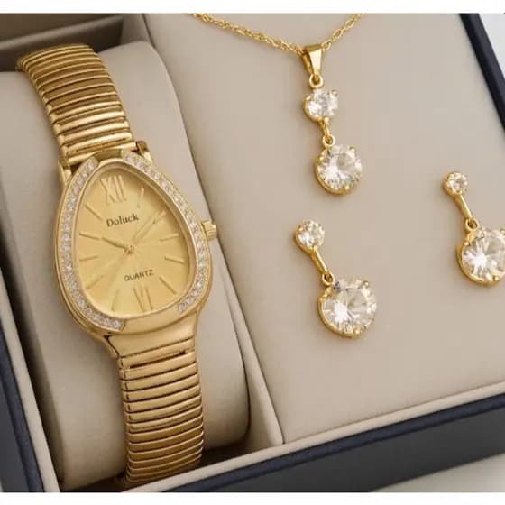 Relógio Feminino Serpente Pulseira Flexível Articulada + Colar e Brincos de Cristais Banhado a Ouro c Relógio Cobra