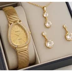 Relógio Feminino Serpente Pulseira Flexível Articulada + Colar e Brincos de Cristais Banhado a Ouro c Relógio Cobra