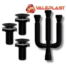 Sifão Triplo para Tanque Sanfonado + Kit 3 Válvula Pia Tanque de PVC Preto Sifao Preto + Valvula Pia