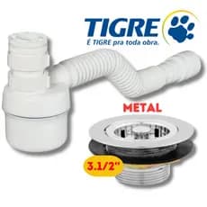 Sifão Copo Ajustável Sanfonado Tigre + Válvula Pia Cozinha Americana Metal Cromado Brilhante Kit