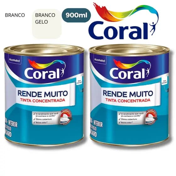Kit 2 Tintas para Parede Acrílica Rende Muito 900ml Coral Branco ou Branco Gelo Uso Interno/Externo