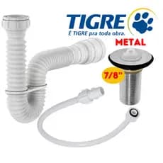 Kit Lavatório Sifão 66cm Tigre + Engate 1/2 Rabicho 50cm + Válvula Pia Banheiro/Tanque Metal Cromado