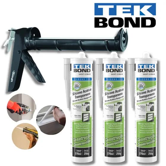 Silicone TekBond Incolor Acético Kit C/Pistola Aplicador de Silicone para Placa 3D Artesanato Veda