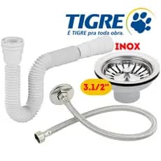 Kit de Cozinha Sifão Branco Tigre + Engate de Malha Aço 1/2'x60cm + Válvula para Pia Gourmet 3.1/2"