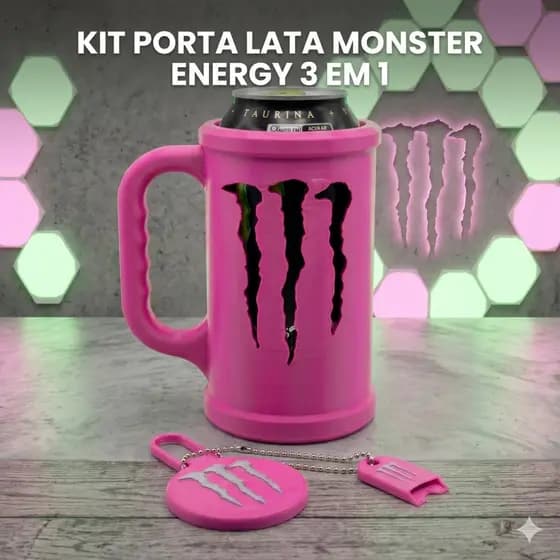 Kit Presente Dia dos Namorados Suporte Lata Monster Energy 3 em 1 com Tampa e Chaveiro