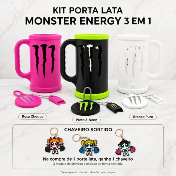 Kit Copo Monster Energy 3 em 1 com Tampa Protetora + Abridor Chaveiro