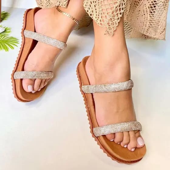 Lindissimo Sandália Feminina Rasteirinha Papete 2 Tiras de Brilho Conforto e Macio Mulheres Estilosa Moda Brilho Luxo -