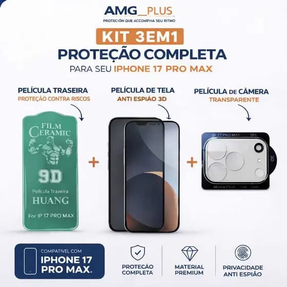 Kit 3 em 1 Película 3D Privacidade, Película cerâmica traseira, Película De Câmera transparente Para iPhone 17/ 17Air/