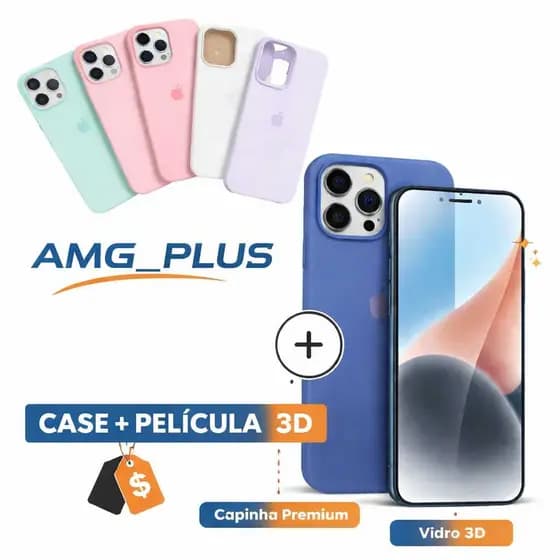 Kit 2x1 Capinha Case Colorida Para iPhone 11 12 13 14 15 17 Pro 17 Pro Max + Película 3D Vidro Temperado _ AMG