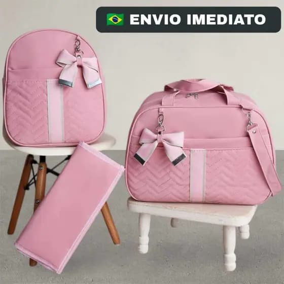 Bolsa Maternidade Menina Menino 3 Peças Laço Faixa Mala Grande Mochila Trocador Térmico/Impermeável