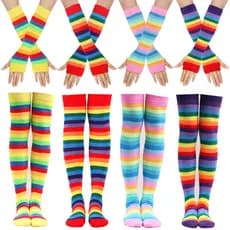 Conjunto de adereços de festa com luvas listradas de meias arco-íris
