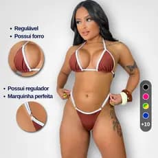Biquíni de Fita Marquinha Fio Dental Bronze Cortininha com Forro e Regulagem