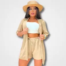 Conjunto Kimono com Short Soltinho Cintura Alta 2 Peças Duna com Bolso e Cadarço não Amassa