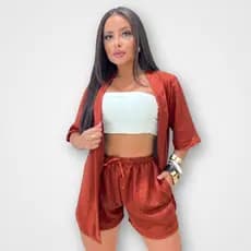 Kimono Cardigan Feminino + Short Cintura Alta Duna Conjunto 2 Peças  não Amassa Tendência 2026