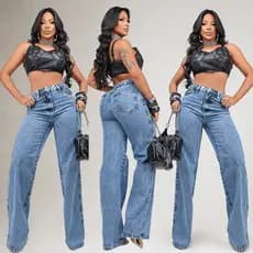 Calça Wid Leg Jeans Feminina Cintura Alta 100% Algodão Premium