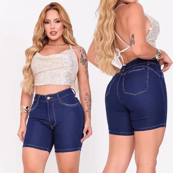 Short Meia Coxa Jeans Feminina Cintura Alta com Elastano Cós Alto Com Pinças