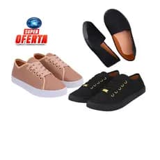Kit Feminino 3 Pares de Tênis Feminino Preto + Tenis Feminino Casual rosa + Sapatilha Feminino toda preta
